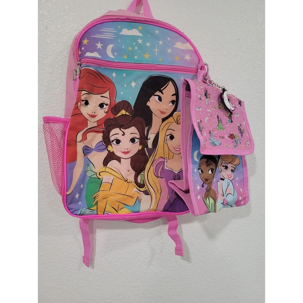 Disney Princess 2PC Backpack Set School Bag Ariel Belle Mulan Lunch Bag Charm #2